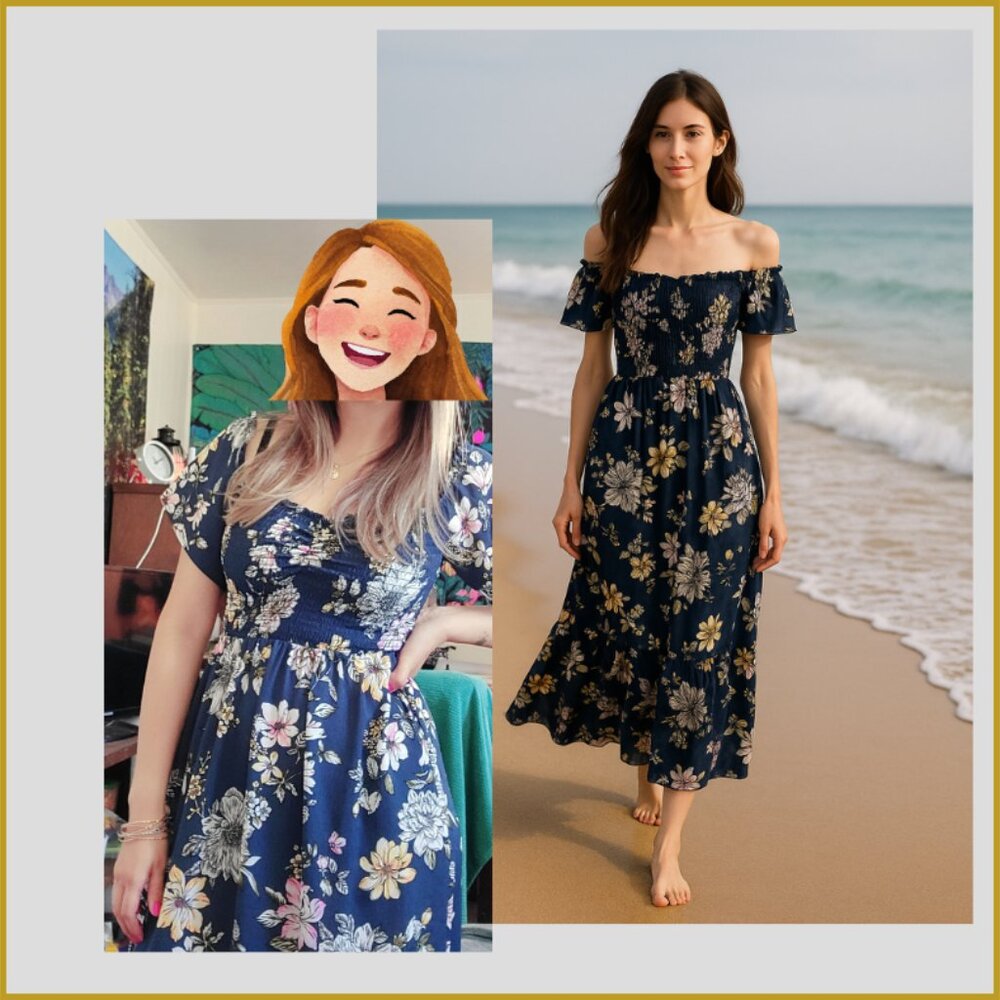 💚Navy Floral Smocked Maxi Dress – Off Shoulder / Short Sleeves – M